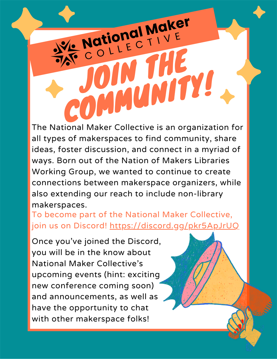 This image is a vibrant invitation to join the National Maker Collective's Discord server.  The design is playful and informal, using a mix of bold text and hand-drawn elements. The central message is a clear call to action: 